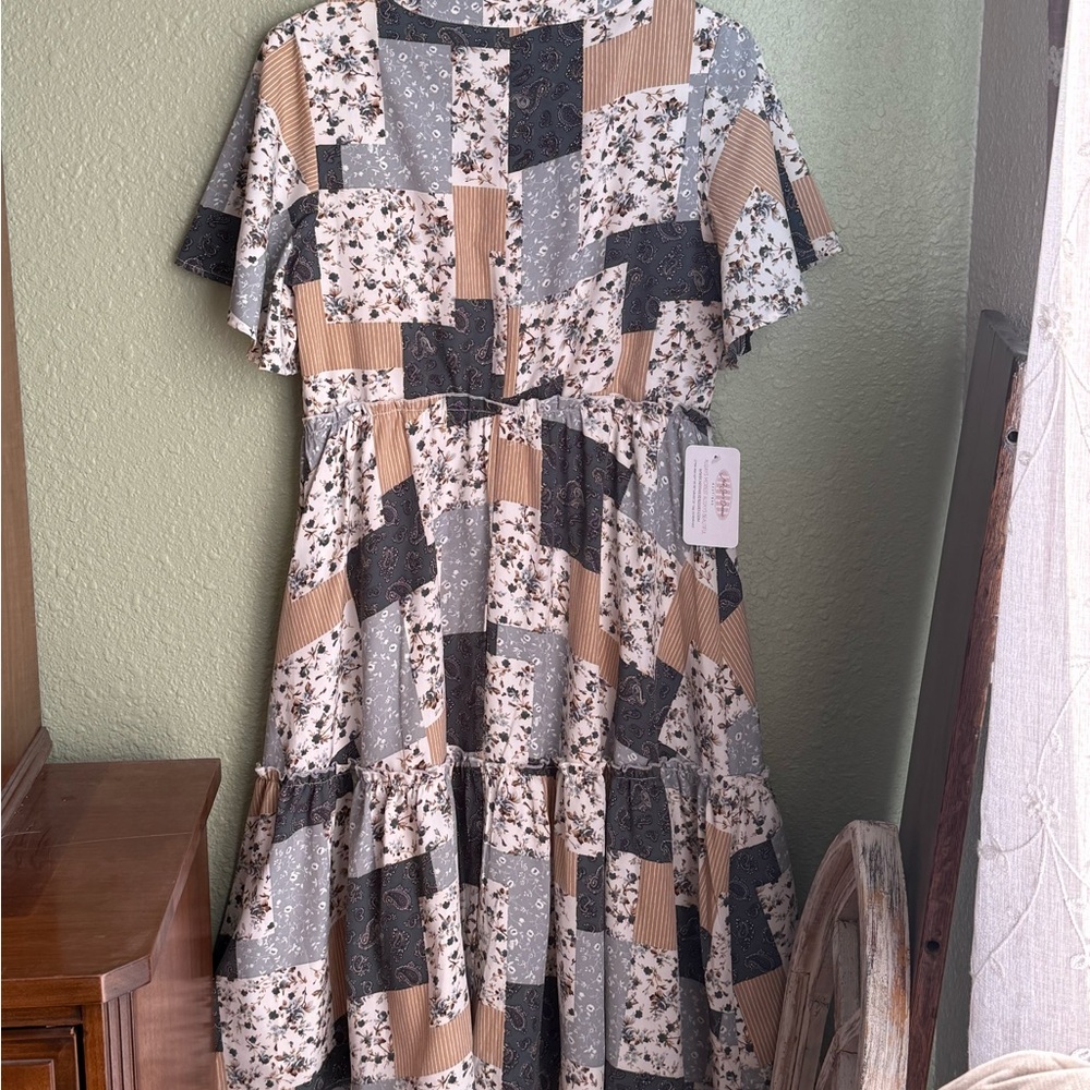 Patchwork V-Neck Button-Down Dress NWT - image 2